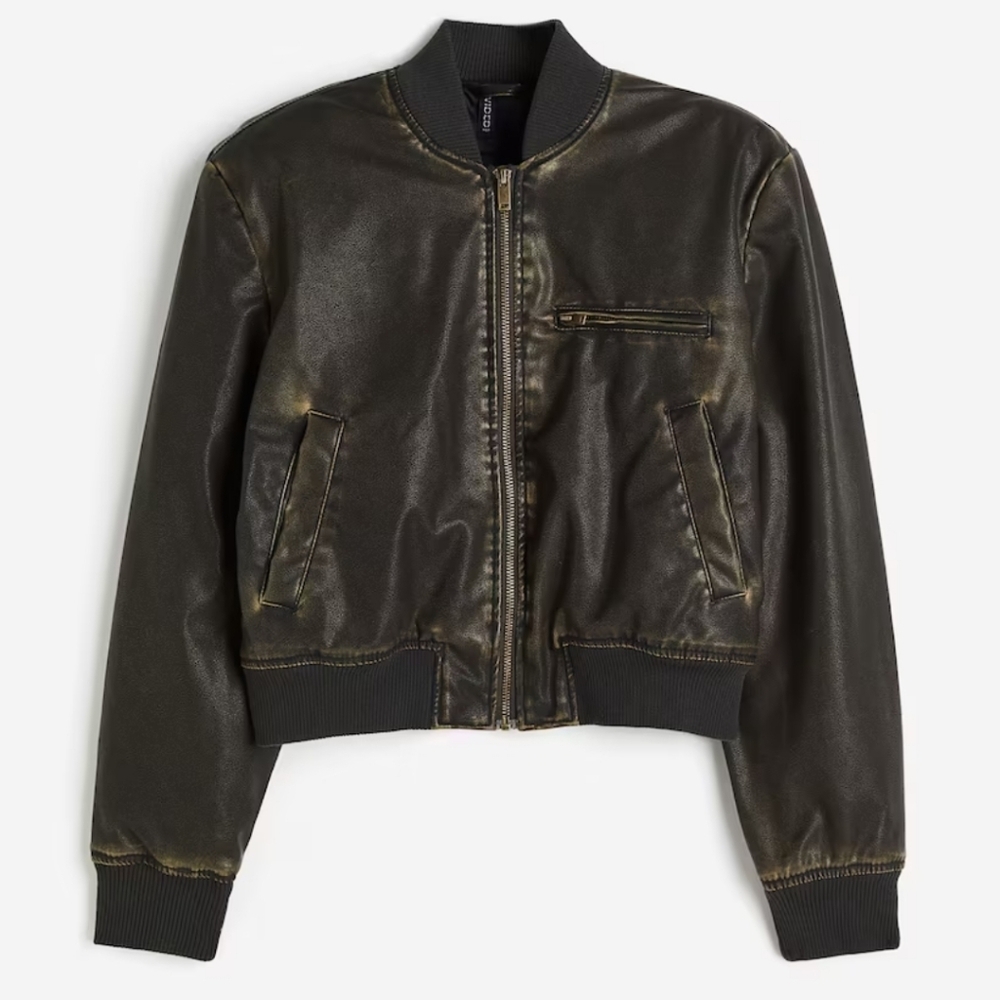 H&M Brown Vegan Leather Coated  Bomber Jacket with shoulder pads XXS